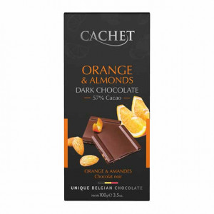 Cachet ciocolata belgiana neagra 57% cu portocale si migdale 100g