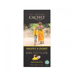 Tableta de ciocolata neagra BIO 57% cu ananas cocos Cachet 100g