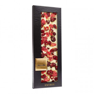 Tableta de ciocolata artizanala chocoMe alba cu foite de aur 23k, petale de trandafir, visine 110g
