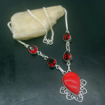 Natural Stone Red Coral and Garnet Silver Plated Necklace