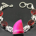 Agate Stone and Red Garnet Silver Plated Bracelet