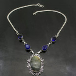 Vintage Black Labradorite Blue Topaz Silver Plated 925 Necklace Pendant