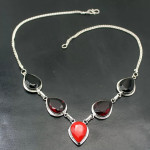 Natural Red Coral and Garnet Silver Plated Necklace
