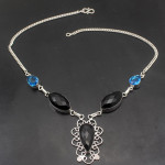 Black Onyx Blue Topaz Silver Plated Necklace
