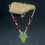 Natural Green Turquoise &  Red Garnet Silver Necklace