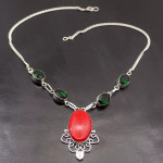 Natural Red Coral & Green Topaz Silver Plated Necklace