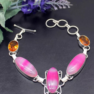 Handmade Silver Plated Pink Agate and Topaz 925 Bracelet