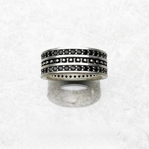 Stamped S925 Silver Band Ring with Black Stone Crystals