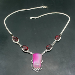 Natural Agate Red Garnet Silver Plated Necklace