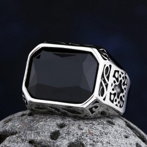 Stainless Steel Black Agate Stone Ring